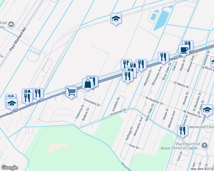 map of restaurants, bars, coffee shops, grocery stores, and more near 12869 Hwy 90 in Luling