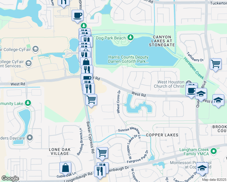 map of restaurants, bars, coffee shops, grocery stores, and more near 17801 West Road in Houston