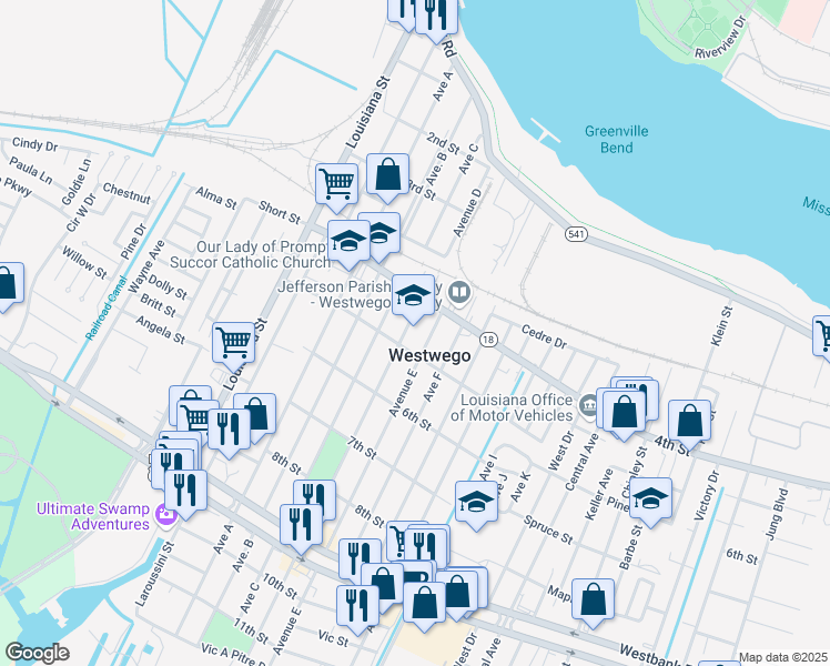 map of restaurants, bars, coffee shops, grocery stores, and more near 537 Avenue D in Westwego