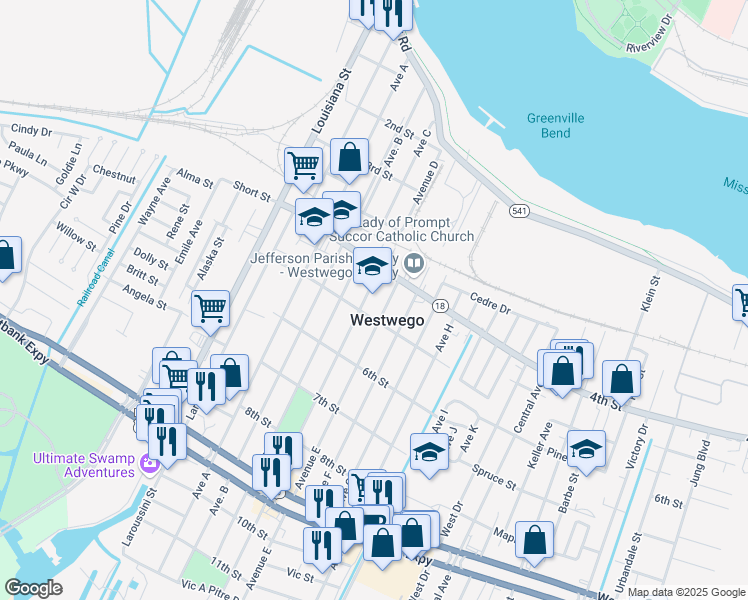 map of restaurants, bars, coffee shops, grocery stores, and more near 537 Avenue D in Westwego