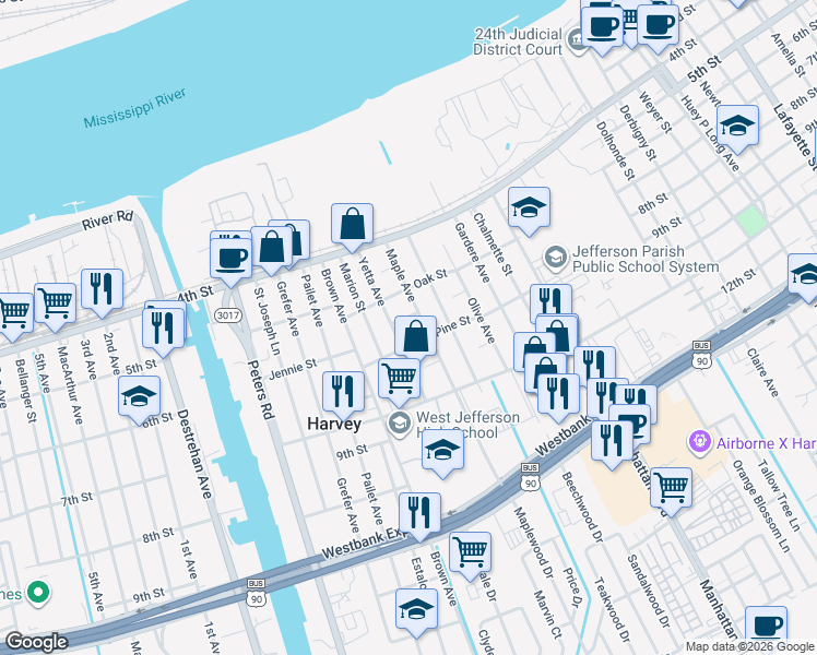 map of restaurants, bars, coffee shops, grocery stores, and more near 527 Yetta Avenue in Harvey