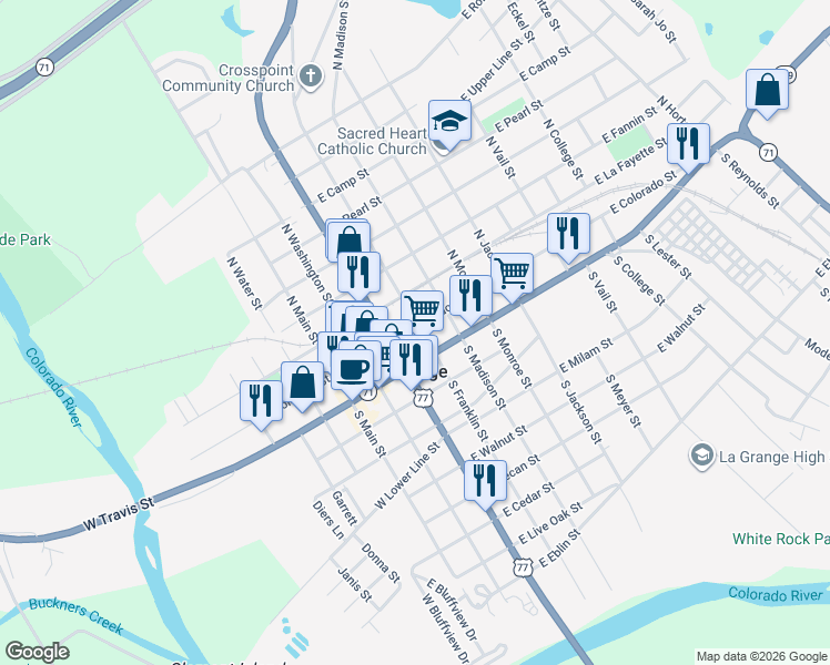 map of restaurants, bars, coffee shops, grocery stores, and more near 214 East Colorado Street in La Grange