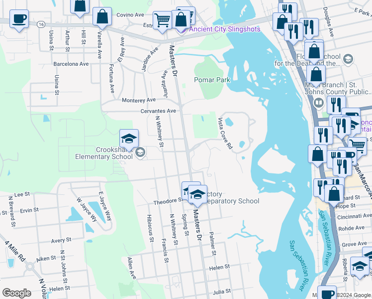 map of restaurants, bars, coffee shops, grocery stores, and more near 1465 Masters Drive in St. Augustine