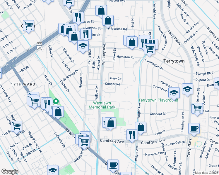 map of restaurants, bars, coffee shops, grocery stores, and more near 2200 Cooper Road in Terrytown