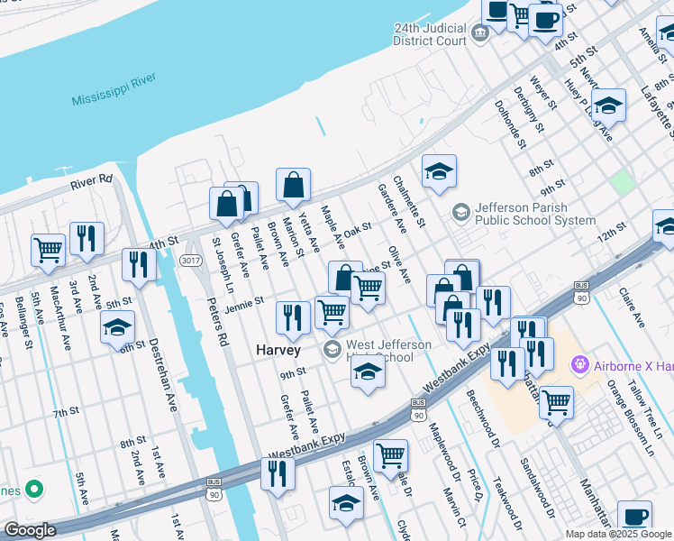 map of restaurants, bars, coffee shops, grocery stores, and more near 527 Yetta Avenue in Harvey