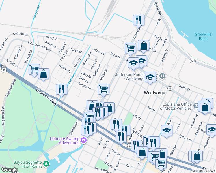 map of restaurants, bars, coffee shops, grocery stores, and more near 165 Louisiana Street in Westwego