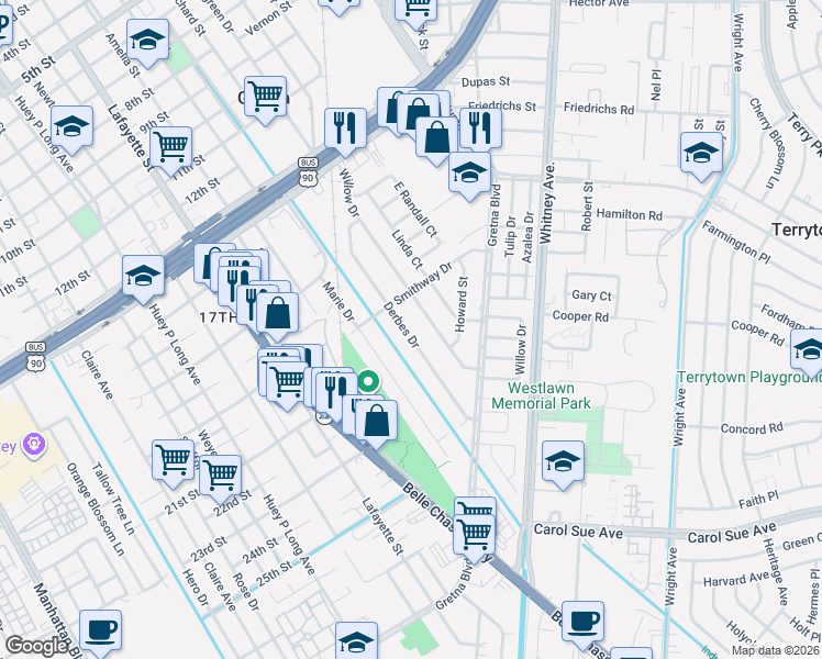 map of restaurants, bars, coffee shops, grocery stores, and more near 51 Derbes Drive in Gretna