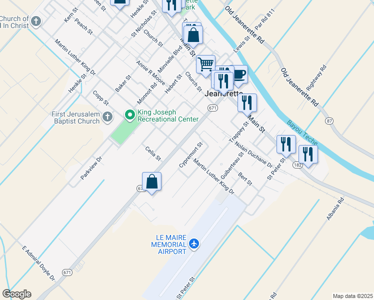 map of restaurants, bars, coffee shops, grocery stores, and more near 710 Martin Luther King Drive in Jeanerette
