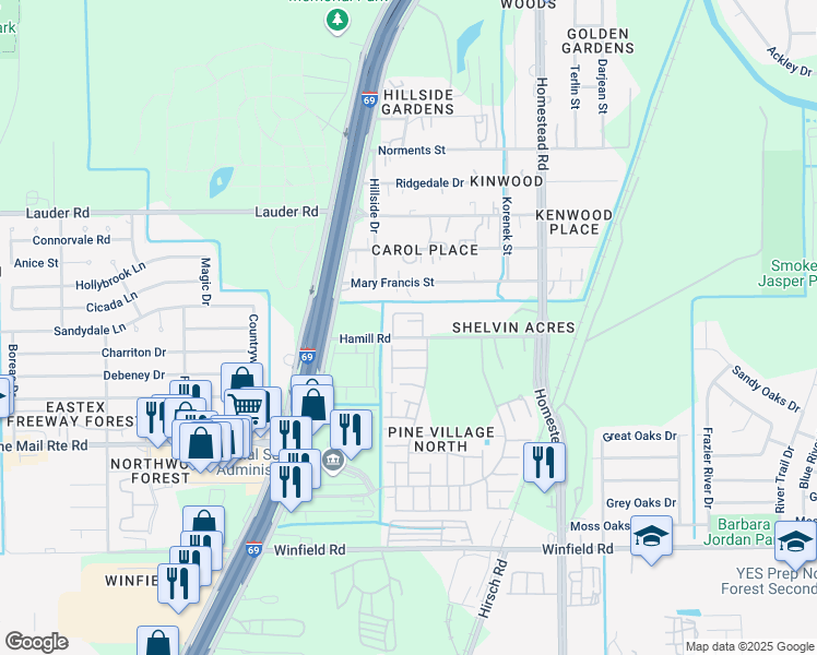 map of restaurants, bars, coffee shops, grocery stores, and more near 5601 Hamill Road in Houston