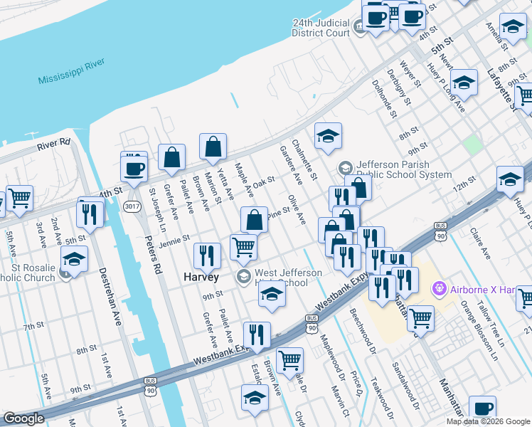 map of restaurants, bars, coffee shops, grocery stores, and more near 539 Maple Avenue in Harvey