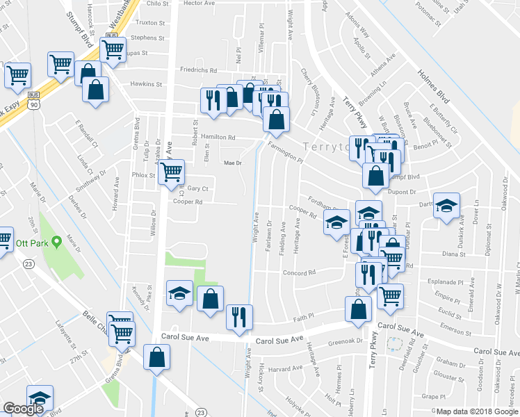 map of restaurants, bars, coffee shops, grocery stores, and more near 601 Wright Avenue in Terrytown