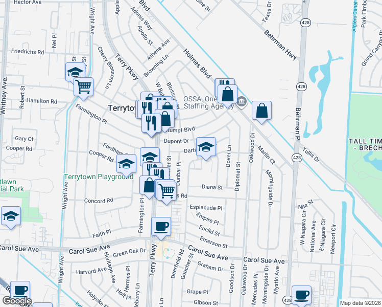 map of restaurants, bars, coffee shops, grocery stores, and more near 2026 Dartmouth Street in Terrytown