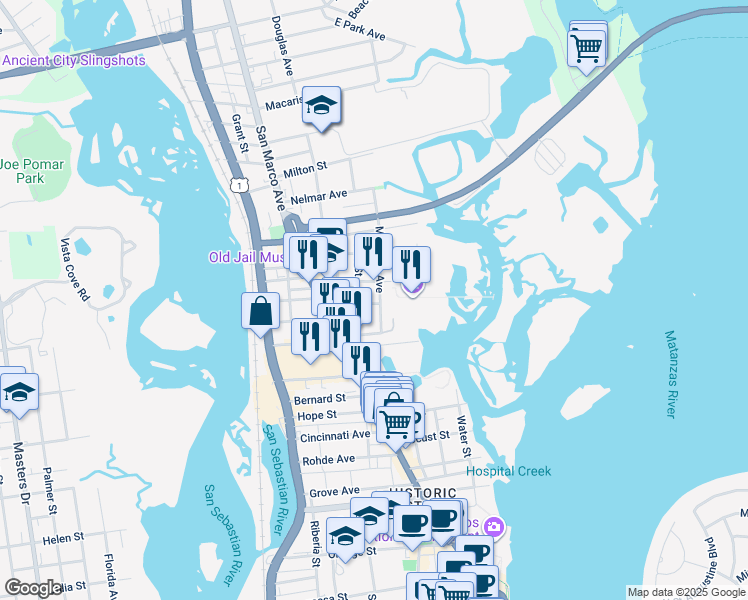 map of restaurants, bars, coffee shops, grocery stores, and more near 10 Magnolia Avenue in St. Augustine