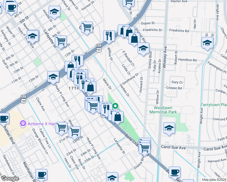 map of restaurants, bars, coffee shops, grocery stores, and more near 41 Marie Drive in Gretna