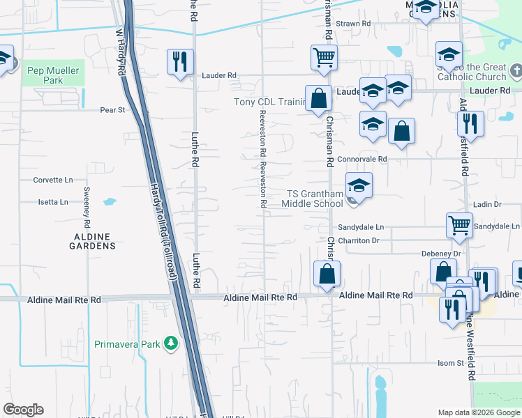 map of restaurants, bars, coffee shops, grocery stores, and more near 13309 Reeveston Road in Houston