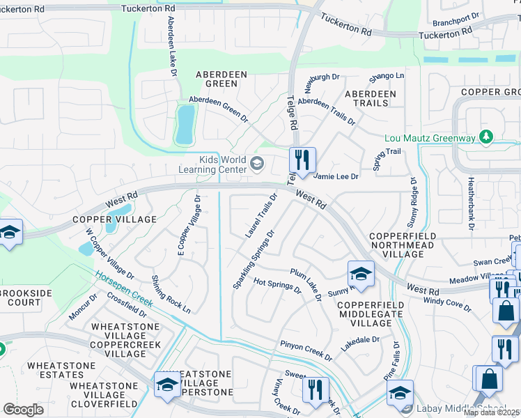 map of restaurants, bars, coffee shops, grocery stores, and more near 8630 Laurel Trails Drive in Houston