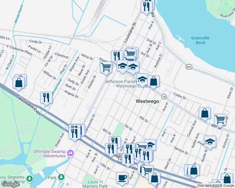 map of restaurants, bars, coffee shops, grocery stores, and more near 652 Avenue A in Westwego
