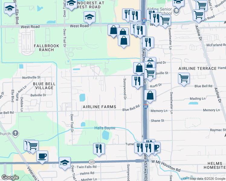 map of restaurants, bars, coffee shops, grocery stores, and more near 9819 Marek Drive in Houston