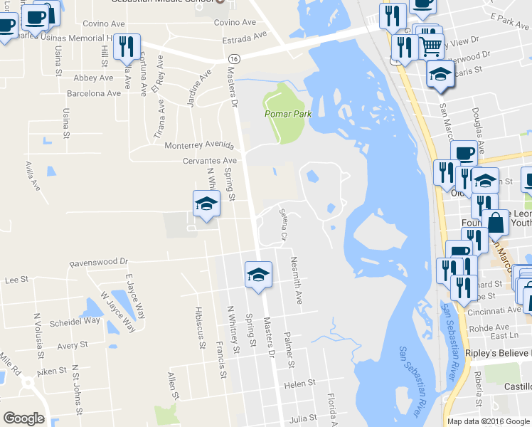 map of restaurants, bars, coffee shops, grocery stores, and more near 1821 Vista Cove Road in Saint Augustine