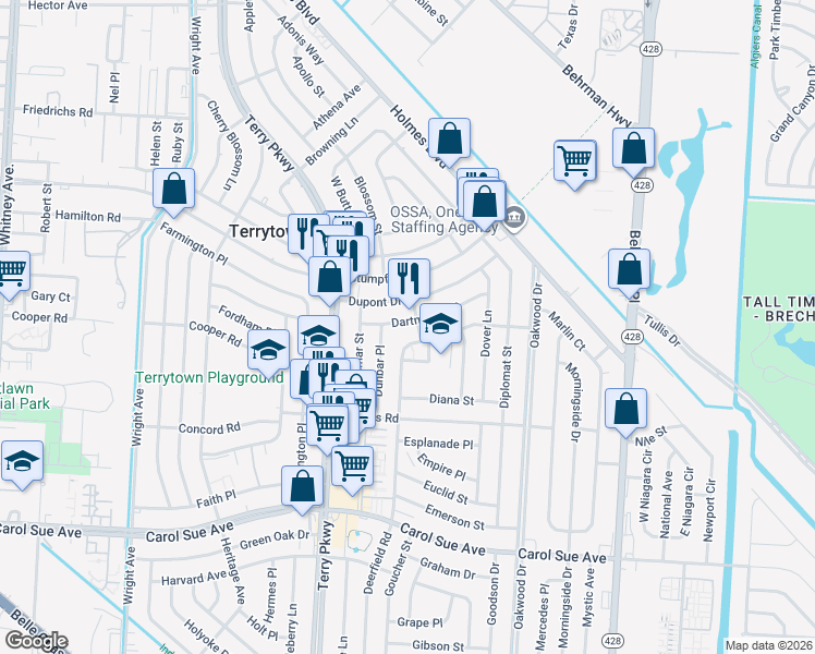 map of restaurants, bars, coffee shops, grocery stores, and more near 2026 Dartmouth Street in Terrytown