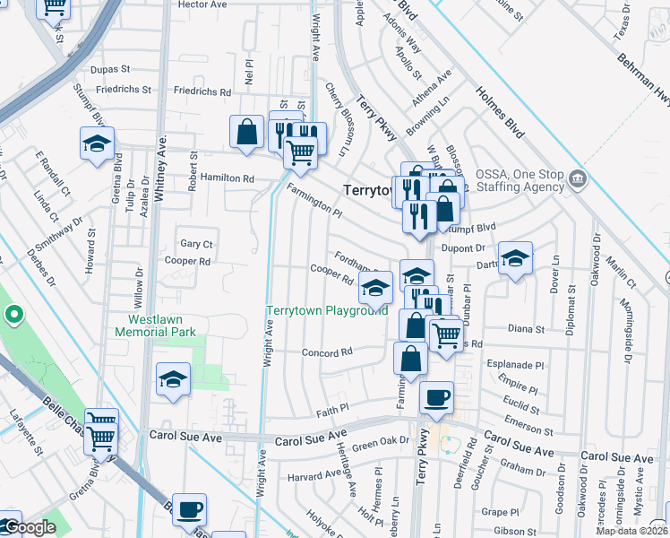 map of restaurants, bars, coffee shops, grocery stores, and more near 1903 Cooper Road in Terrytown