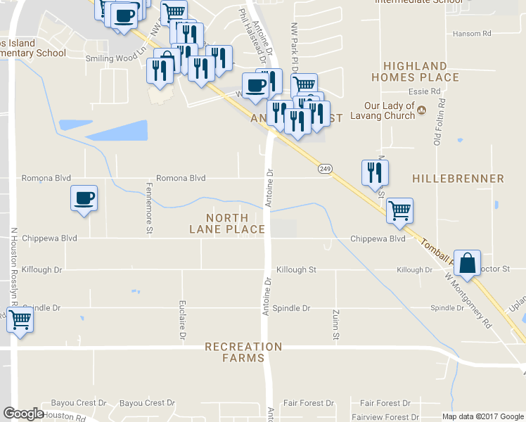 map of restaurants, bars, coffee shops, grocery stores, and more near 12043 Antoine Drive in Houston