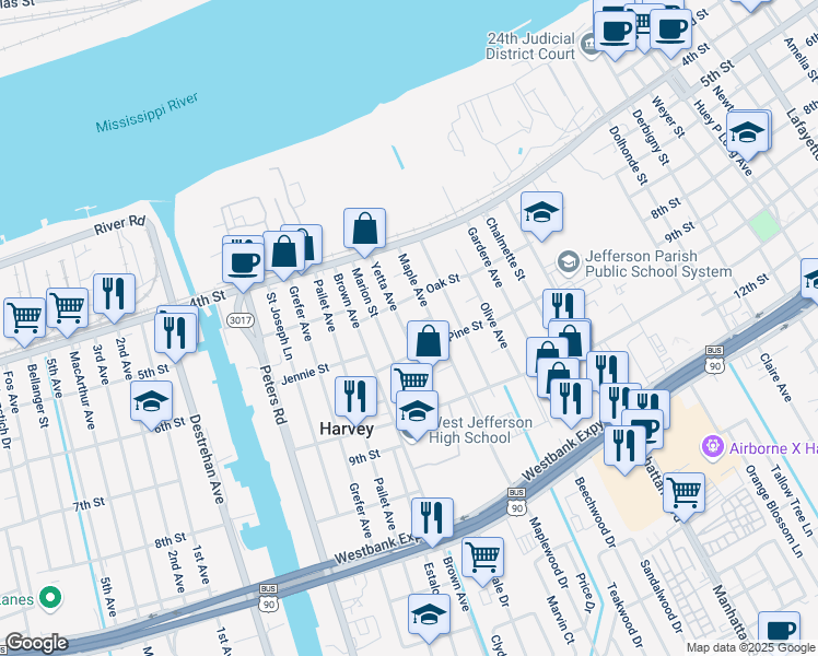 map of restaurants, bars, coffee shops, grocery stores, and more near 527 Yetta Avenue in Harvey