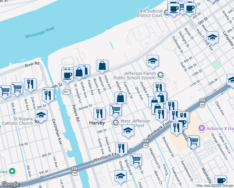 map of restaurants, bars, coffee shops, grocery stores, and more near 527 Yetta Avenue in Harvey