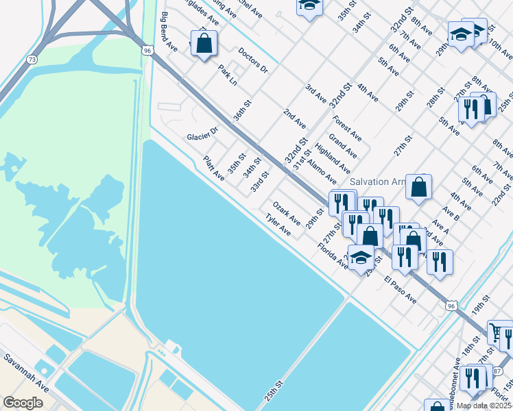 map of restaurants, bars, coffee shops, grocery stores, and more near 2615 31st Street in Port Arthur