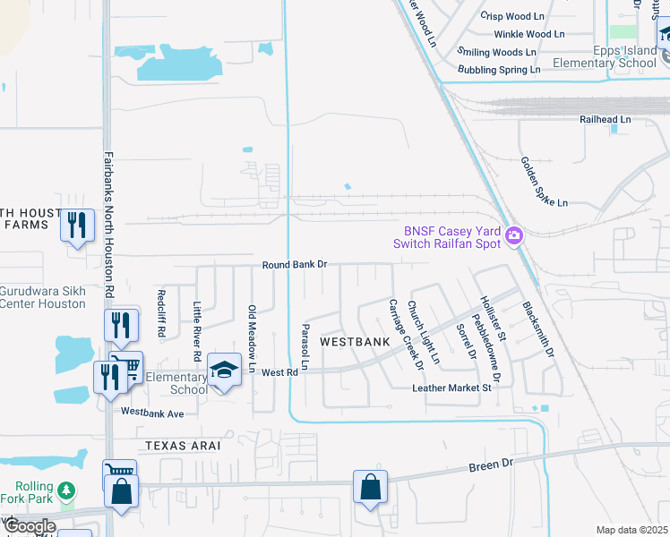 map of restaurants, bars, coffee shops, grocery stores, and more near 8623 Lamppost Lane in Houston