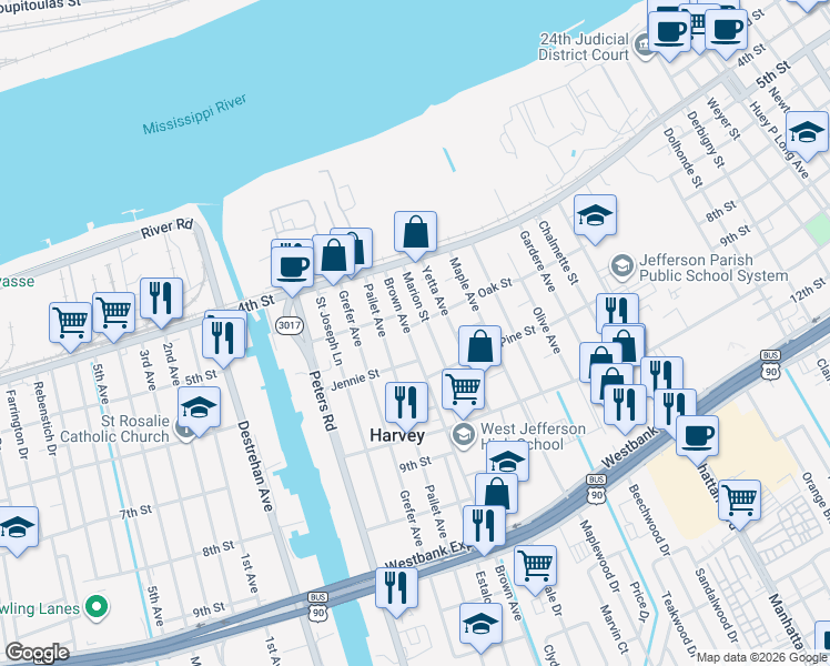 map of restaurants, bars, coffee shops, grocery stores, and more near 505 Brown Avenue in Harvey