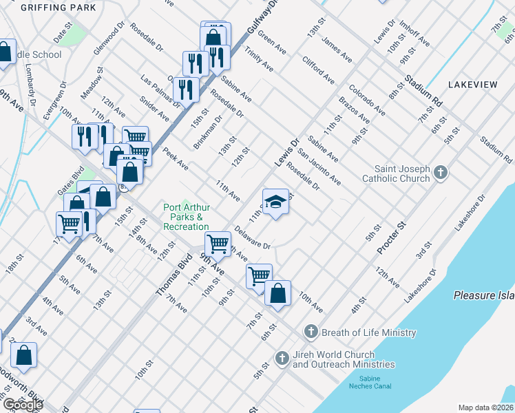 map of restaurants, bars, coffee shops, grocery stores, and more near 3915 11th Street in Port Arthur