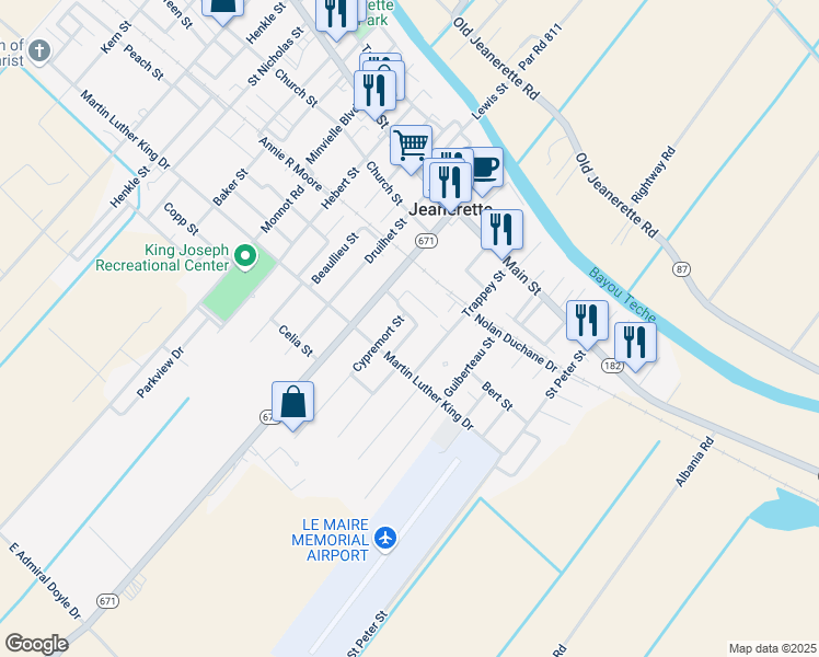map of restaurants, bars, coffee shops, grocery stores, and more near 612 Myers Street in Jeanerette