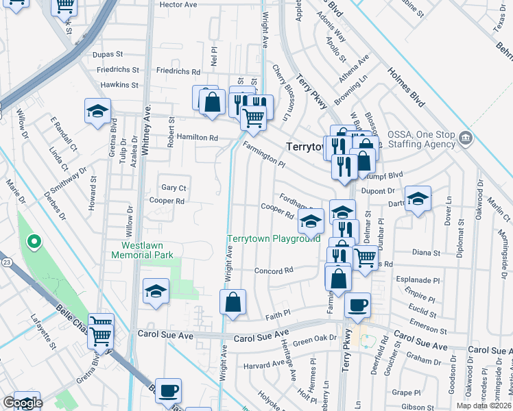 map of restaurants, bars, coffee shops, grocery stores, and more near 1813 Cooper Road in Terrytown