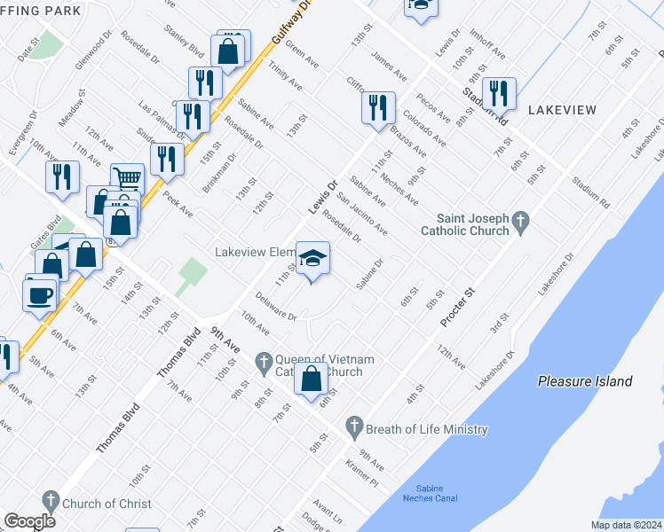 map of restaurants, bars, coffee shops, grocery stores, and more near 922 Lee Avenue in Port Arthur