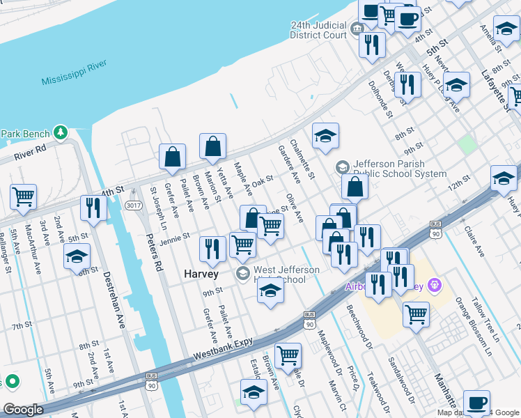 map of restaurants, bars, coffee shops, grocery stores, and more near 539 Maple Avenue in Harvey