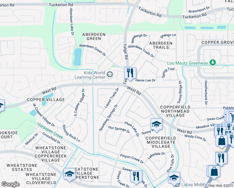 map of restaurants, bars, coffee shops, grocery stores, and more near 8630 Laurel Trails Drive in Houston