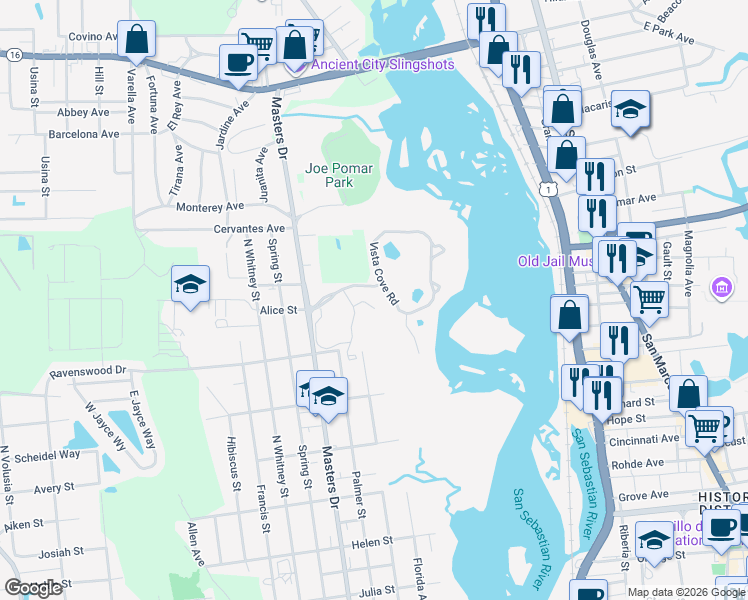 map of restaurants, bars, coffee shops, grocery stores, and more near 5229 Drury Lane in St. Augustine