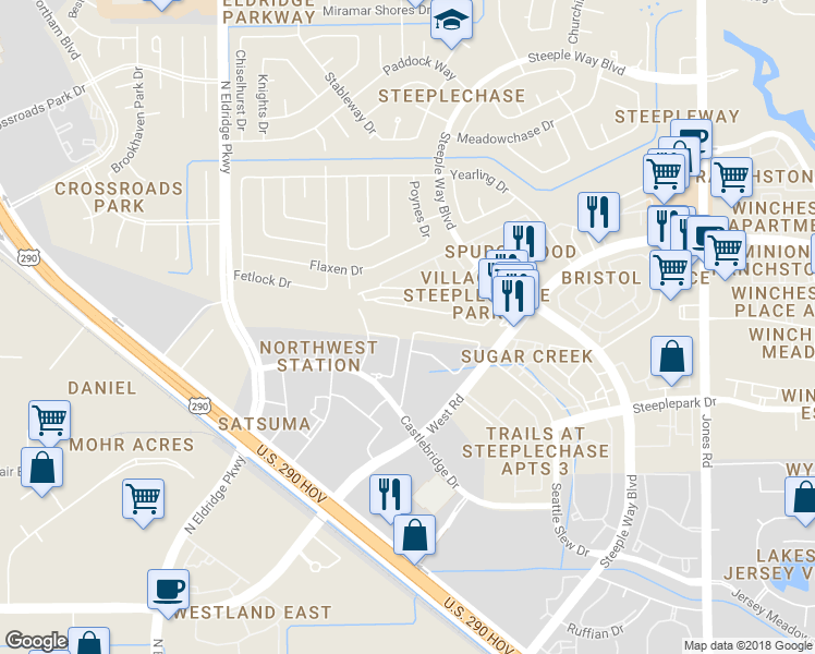 map of restaurants, bars, coffee shops, grocery stores, and more near 180 Castlegate Lane in Houston