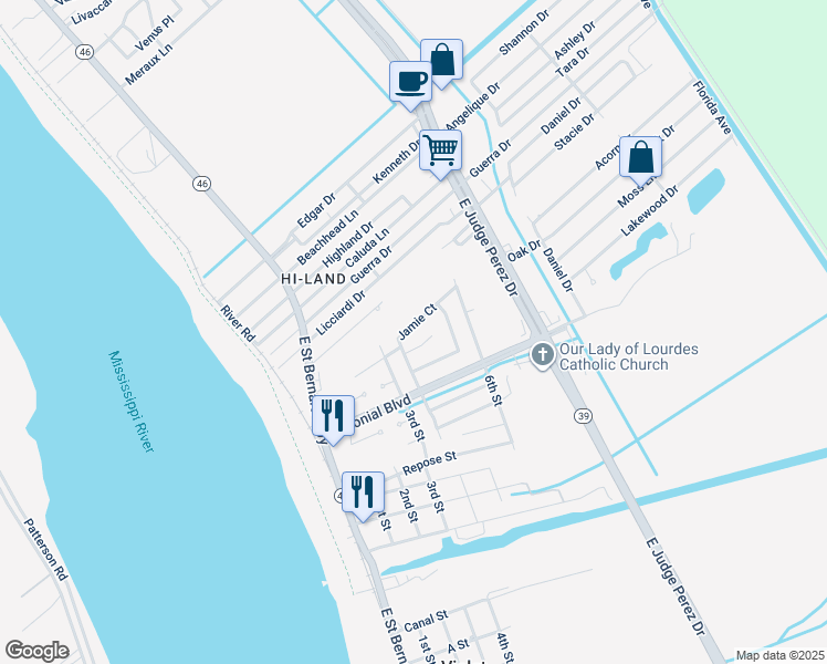 map of restaurants, bars, coffee shops, grocery stores, and more near 2413 Jamie Court in Violet