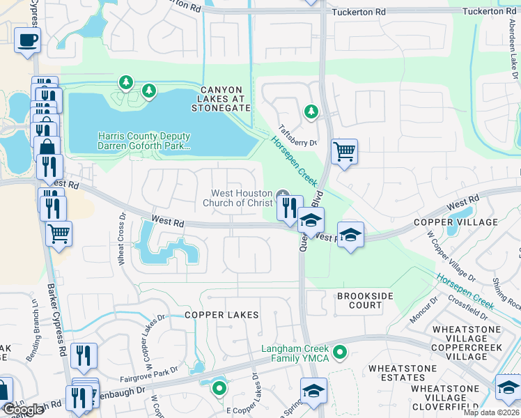 map of restaurants, bars, coffee shops, grocery stores, and more near 17222 Shallow Lake Lane in Houston