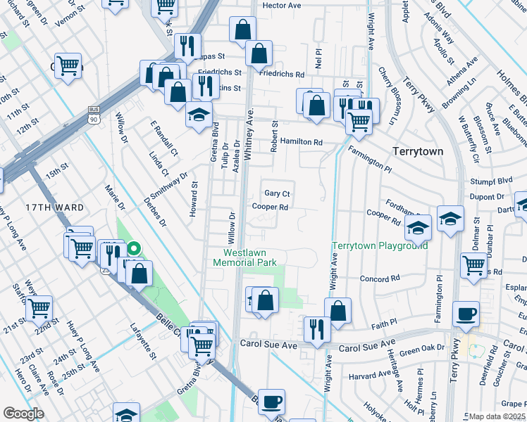map of restaurants, bars, coffee shops, grocery stores, and more near 2200 Cooper Road in Terrytown