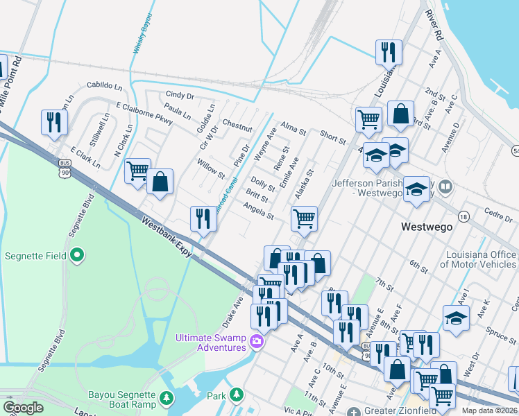 map of restaurants, bars, coffee shops, grocery stores, and more near 7721 Angela Street in Westwego