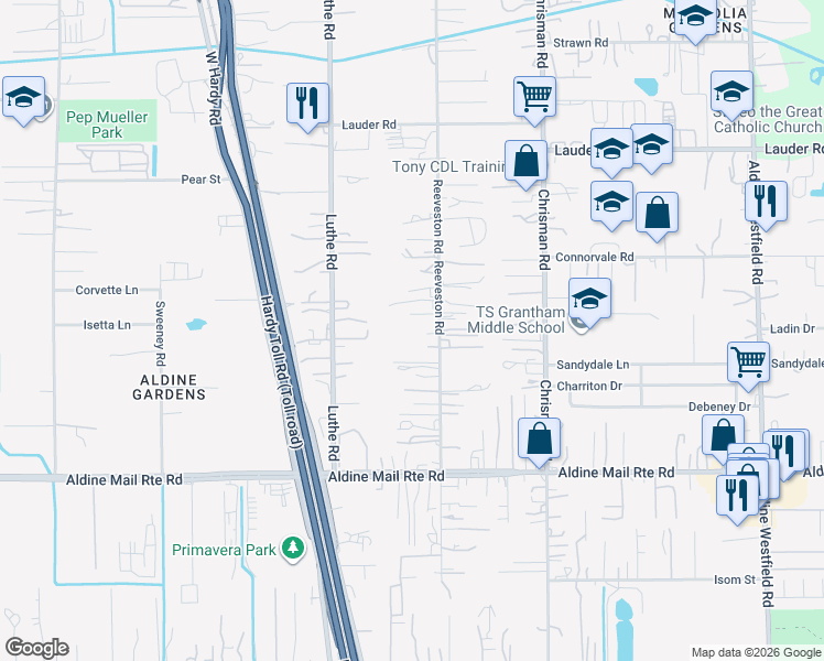map of restaurants, bars, coffee shops, grocery stores, and more near 13309 Reeveston Road in Houston