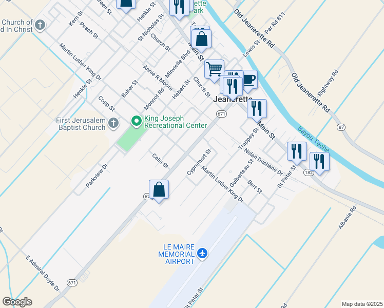 map of restaurants, bars, coffee shops, grocery stores, and more near 710 Dr Martin Luther King Dr in Jeanerette