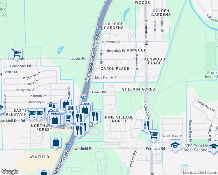 map of restaurants, bars, coffee shops, grocery stores, and more near 5601 Hamill Road in Houston