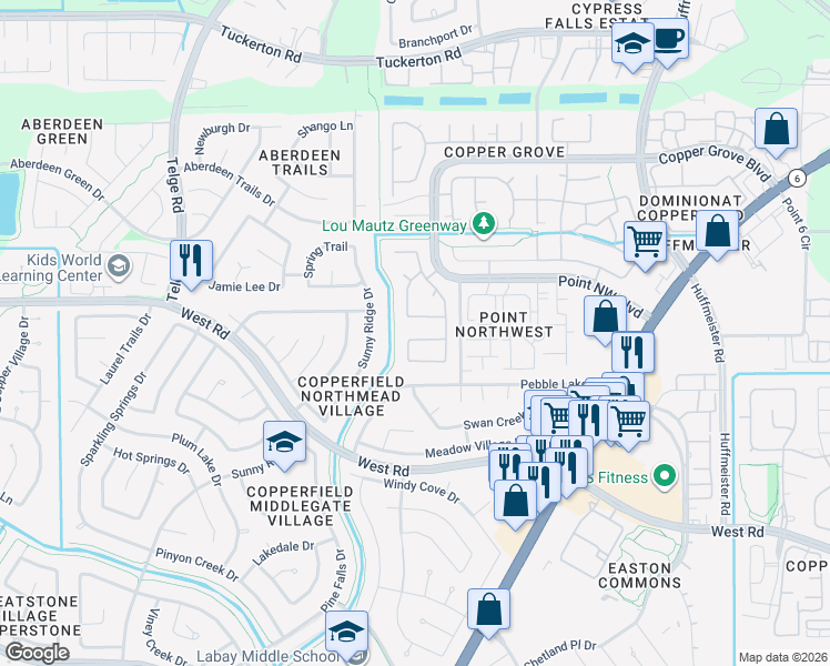 map of restaurants, bars, coffee shops, grocery stores, and more near 15630 Haleys Landing Lane in Houston