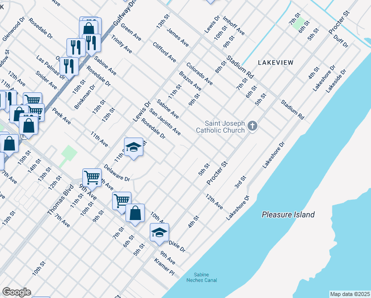 map of restaurants, bars, coffee shops, grocery stores, and more near 4049 7th Street in Port Arthur