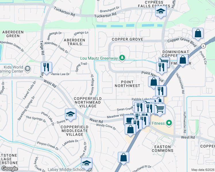 map of restaurants, bars, coffee shops, grocery stores, and more near 15630 Haleys Landing Lane in Houston