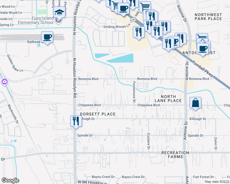 map of restaurants, bars, coffee shops, grocery stores, and more near 6911 Romona Boulevard in Houston